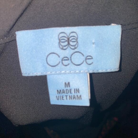 CeCe Black Floral Print Long Sleeve Sheer Striped Collared Blouse Size Medium - Picture 4 of 6